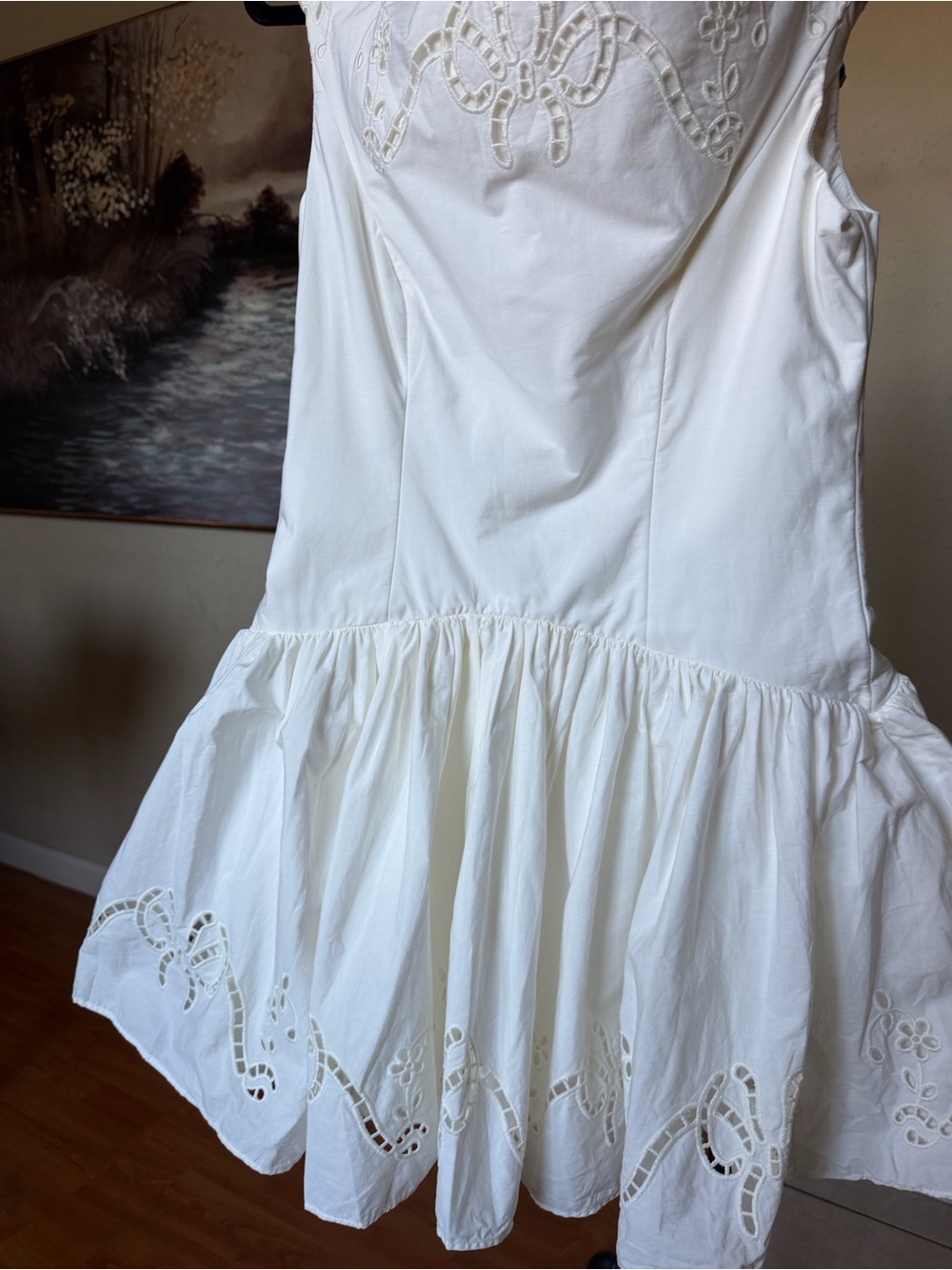 House of CB LAUREN White Cotton Broderie Anglaise Boat Neck Mini Dress NWOT sz L - Picture 7 of 15